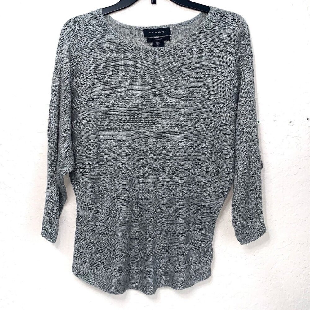 Tahari Linen Sweater Womens Small Open Knit Gray Dolman Sleeves Layering Casual